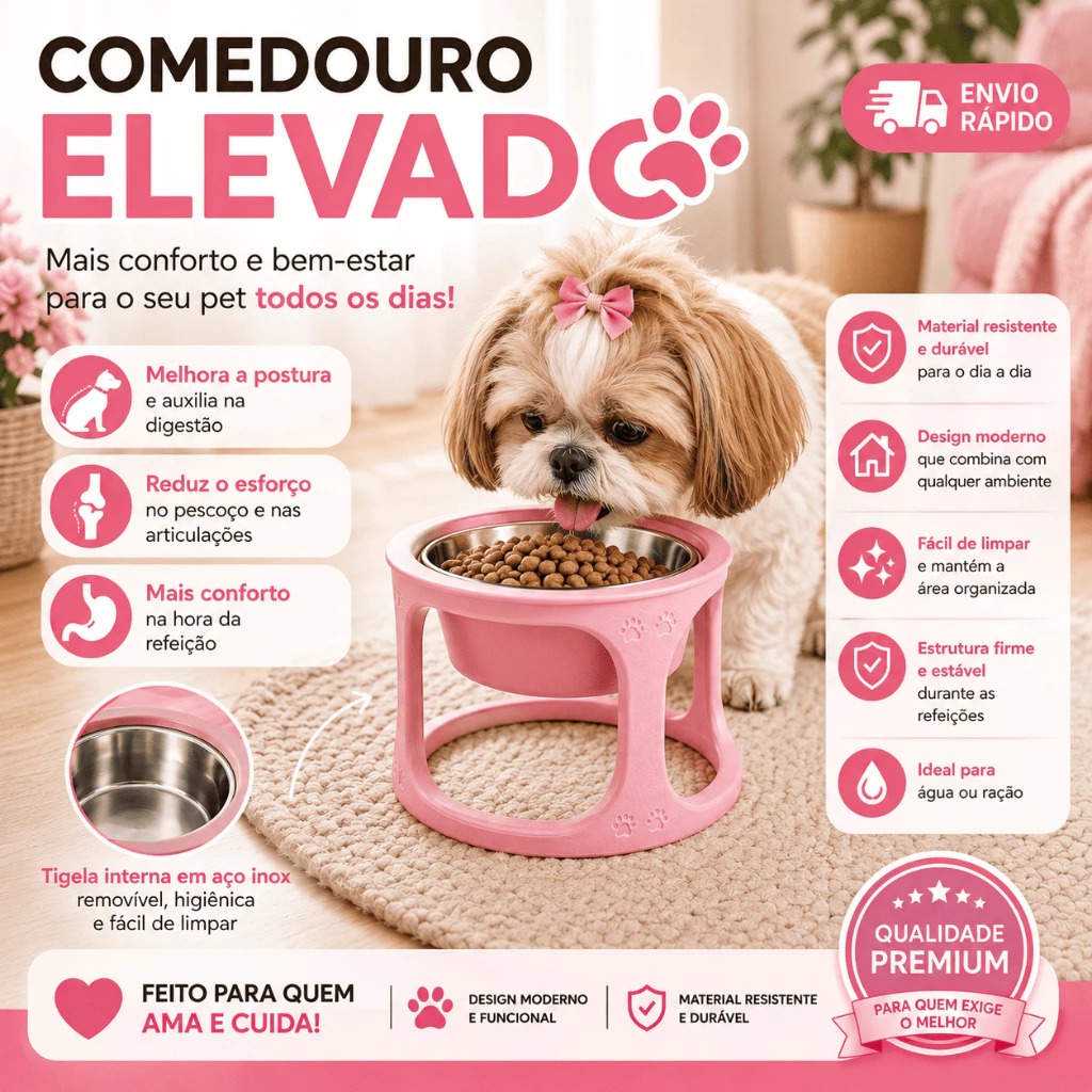 Comedouro elevado premium em inox